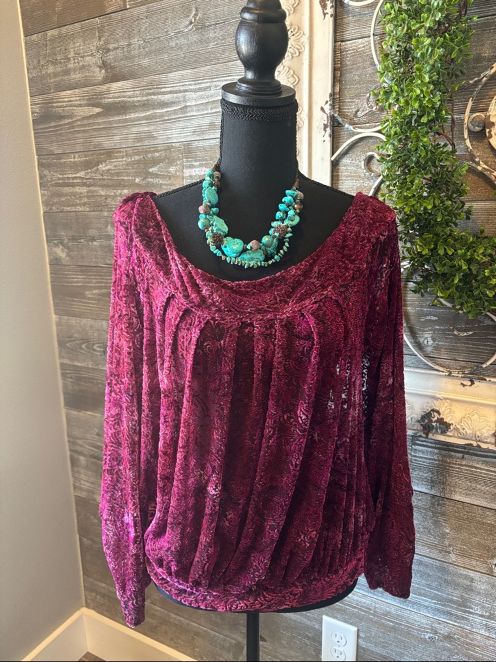 Free People (Size S) Women’s Velvet Burnout Off-Shoulder Top in Deep Berry